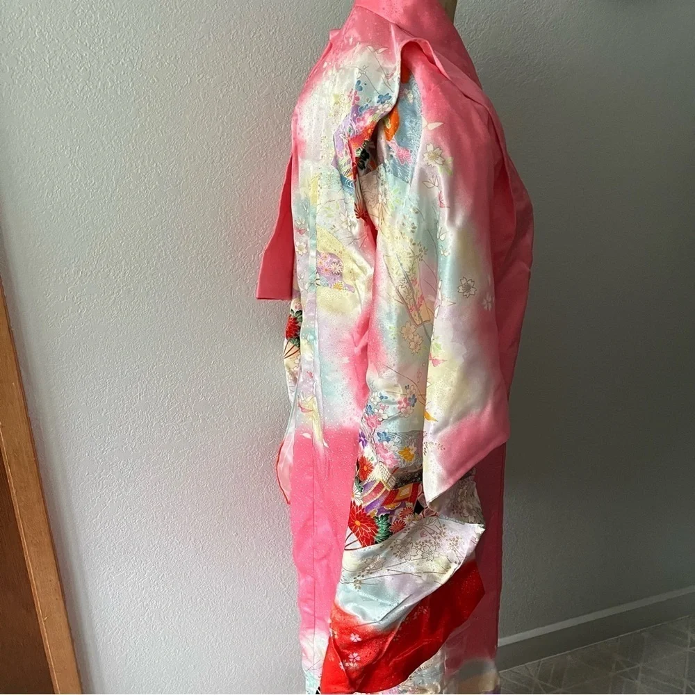 VINTAGE Girl's Pink Kimono Butterflies Flowers Ombre w/ Orange Tie - Picture 6 of 16